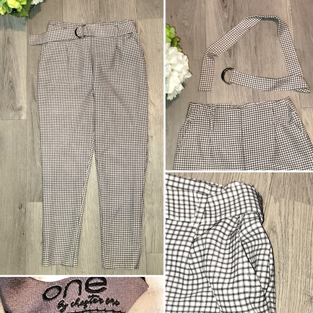 One By Chapter One Gingham High Waist Black White Trousers, Women's Petite Small